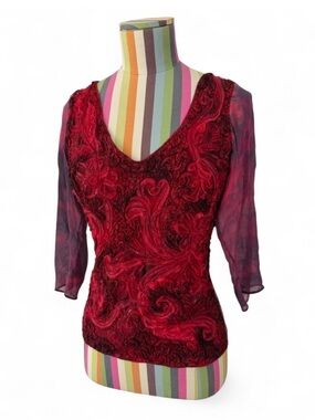 Tie Dye V-Neck Textured Fairy Top Sheer Sleeves Floral Design Stretch Silk